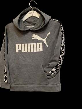 Puma Youth Pullover Hoodie, Grey with Logo Sleeve Tape, Size M (10-12)